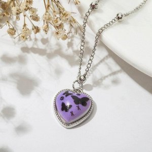 Кулон на декоративной основе "Сердце" бабочки, цвет чёрно-фиолетовый в серебре, 40 см