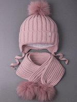 Шапка вязаная детская с помпоном на завязках, лапша, HELLO WINTER + шарф, пудровый