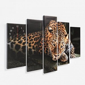 Часы настенные, модульные, серия: Животный мир, "Леопард", 80 x 140 см