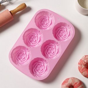 Форма для выпечки силиконовая «Цветы.Роза», 6 ячеек, 24,5?16?3 см, d=7 см, цвет розовый