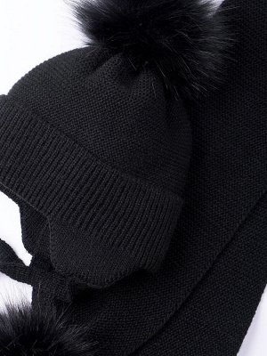 Шапка вязаная детская с помпоном на завязках, меланж + шарф с помпонами, черный