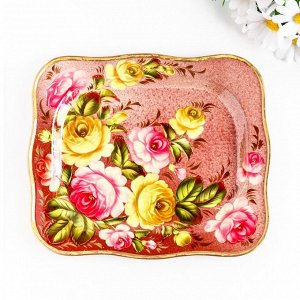 Поднос жостовский "Розы", розовый, с авторской росписью, 24х20 см