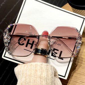 Женские солнцезащитные очки со стразами без оправы, цвет розовый