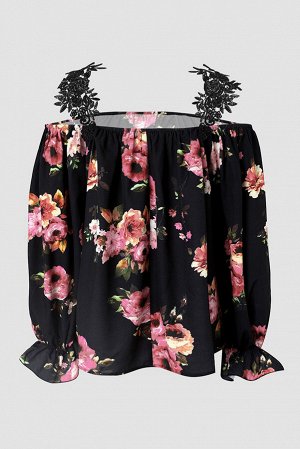 Черная блуза с цветочным принтом и кружевными лямками