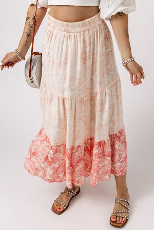 Розовая многоярусная юбка-миди с цветочным принтом