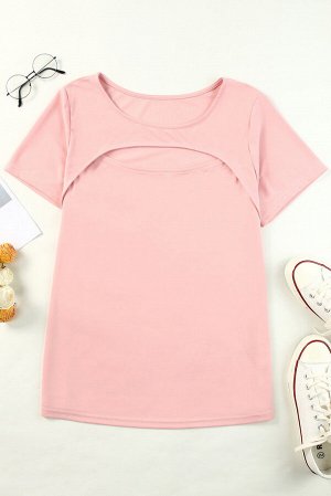 Розовая футболка плюс сайз с вырезом спереди