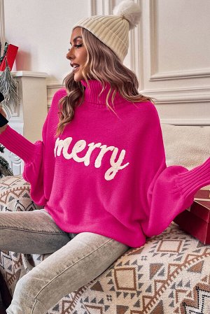 Розовый объемный свитер с надписью MERRY