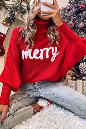 Красный объемный свитер с надписью MERRY