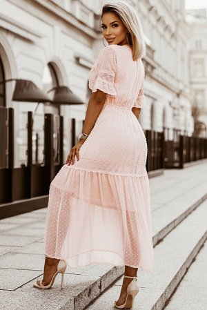 Розовое платье макси в швейцарский горошек с кружевными вставками
