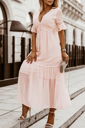 VitoRicci Розовое платье макси в швейцарский горошек с кружевными вставками