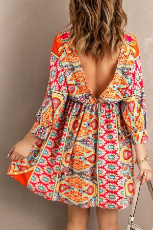 VitoRicci Разноцветное мини-платье с V-образным вырезом и рукавами 3/4 с богемным винтажным принтом