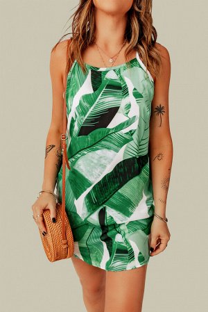 Зеленое мини платье на бретельках с узором из пальмовых листьев