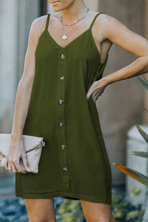 Зеленое короткое платье-сарафан на пуговицах