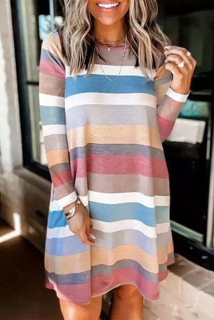 Цветное полосатое мини-платье с длинным рукавом