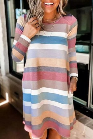 Цветное полосатое мини-платье с длинным рукавом