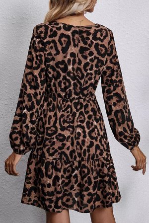 Леопардовое платье с V-образным вырезом и длинным рукавом