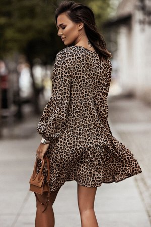 Леопардовое платье-туника с V-образным вырезом и пышными рукавами