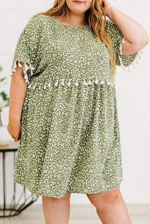 Зеленое платье плюс сайз с кисточками и леопардовым принтом