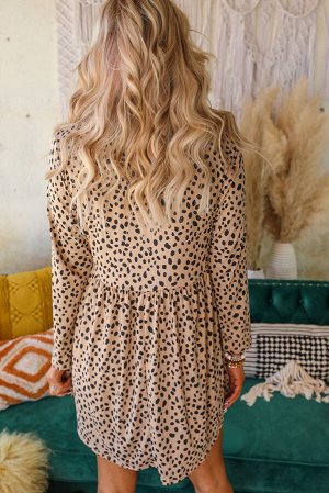 Леопардовое платье беби-долл с длинным рукавом