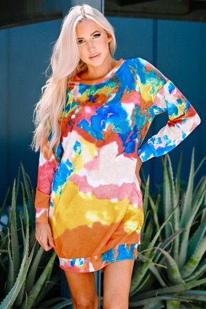 Разноцветное платье-свитшот с карманами и ярким красочным принтом