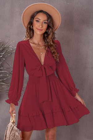 Красное многоярусное платье беби-долл с глубоким V-образным вырезом с бантиком и пышными рукавами