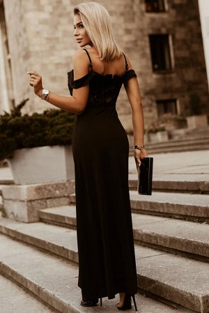 Черное кружевное платье-макси на бретелях с разрезом