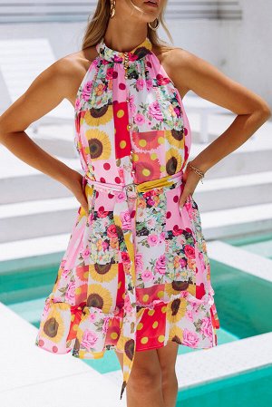 Разноцветное пятнистое платье халтер с поясом на талии и цветочным принтом