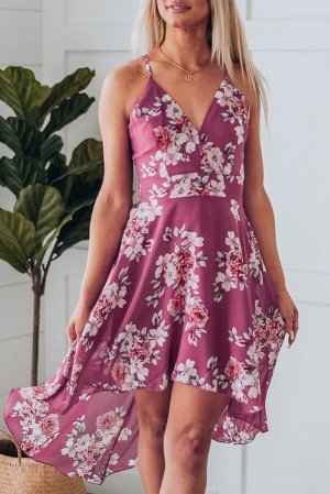 Сиреневое асимметричное платье с кружевными вставками на спине и цветочным принтом