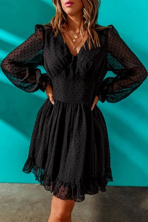 Черное платье в горошек с V-образным вырезом и пышными прозрачными рукавами