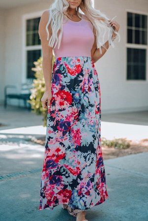 Розовое длинное платье майка с разноцветным цветочным принтом