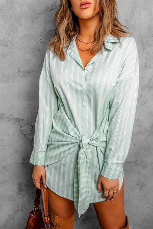 Зеленое полосатое платье-рубашка с завязками