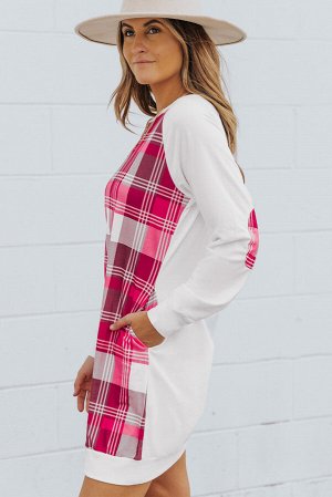 Розово-белое платье-свитшот в шотландскую клетку с заплатками на рукавах в стиле пэчворк