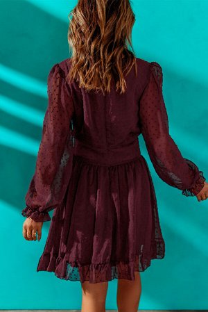 Бордовое мини-платье в швейцарский горошек с V-образным вырезом и пышными прозрачными рукавами