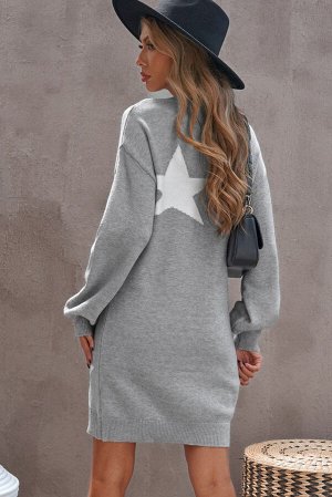Серое оверсайз платье-свитер со звездным принтом