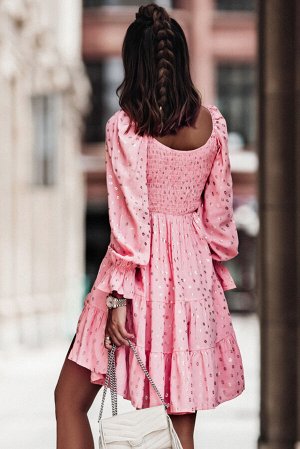 Розовое платье в золотистый горошек с многослойной юбкой