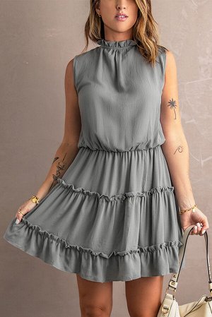 Серое свободное мини-платье без рукавов с V-образным вырезом и оборками