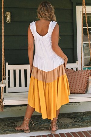 Желто-белое ассиметричное платье с квадратным вырезом