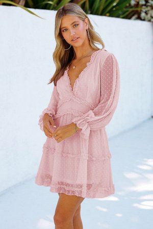 VitoRicci Розовое многоярусное платье беби-долл в горошек с V-образным вырезом и открытой спиной