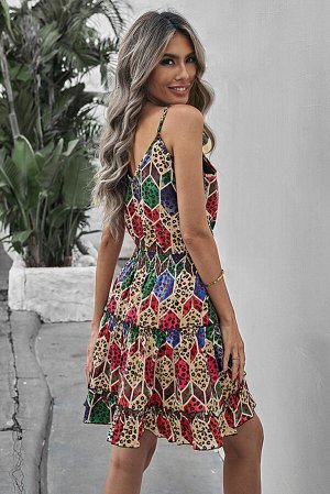Разноцветное мини-платье с леопардовым принтом в ромбик и эластичной поясом на талии