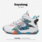 Детские высокие кроссовки на шнурках Keyolong, цвет белый/зеленый, принт &quot;волны&quot;