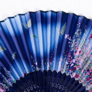 Веер бамбук, текстиль h=21 см "Цветы и бабочки" синий, с кисточкой