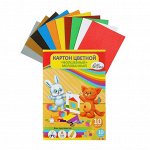 Картон цветной А4, 10 листов, 10 цветов, волшебный (золото+серебро) мелованный 220 г/м2, &quot;Мягкие игрушки&quot;, в папке
