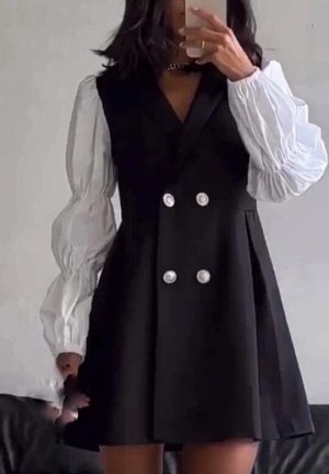 Платье офисное женское/Женское черное платье с белыми рукавами