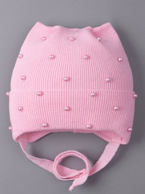 Шапка вязаная для девочки на завязках, ушки кошки, жемчуг, розовый