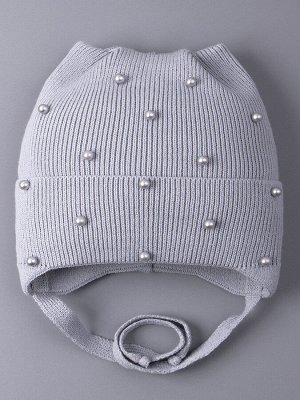 Шапка вязаная для девочки на завязках, ушки кошки, жемчуг, серый