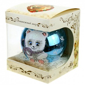 Елочная игрушка шар стеклянная "Медвежонок с бантом" д8см, ручная художественная роспись, подарочная упаковка (Россия)