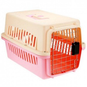 Корзина для переноски домашних животных пластмассовая 48х32х30см, с металлической дверцей, бежево-розовый (Китай) (продается в разобранном виде)