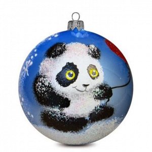 Елочная игрушка шар стеклянная "Панда с шариком" д8см, ручная художественная роспись, подарочная упаковка (Россия)