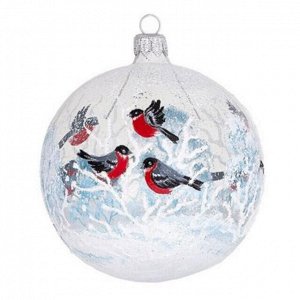 Елочная игрушка шар стеклянная "Снегири" д9,5см, ручная художественная роспись, подарочная упаковка (Россия)
