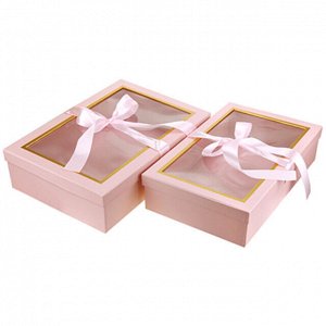 Коробка подарочная, с окном, с лентой, набор 2 штуки: 27х42х9см; 30х45х10см, розовый (Китай)